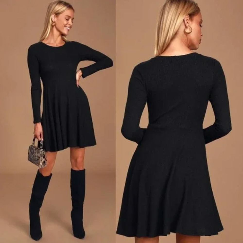 Lulus NWT Fit & Fair Ribbed Knit Long Sleeve Skater Mini Dress Black Size XSmall